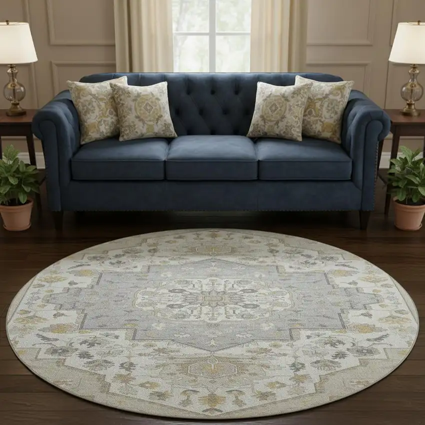 8' Beige Ivory And Gold Oriental Washable Round Rug With UV Protection Photo 2