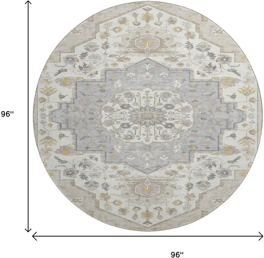 8' Beige Ivory And Gold Oriental Washable Round Rug With UV Protection Photo 9