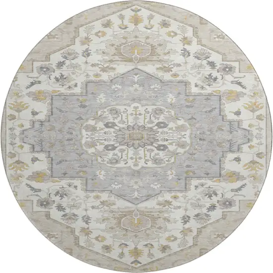 8' Beige Ivory And Gold Oriental Washable Round Rug With UV Protection Photo 1