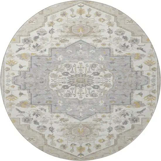8' Beige Ivory And Gold Oriental Washable Round Rug With UV Protection Photo 3