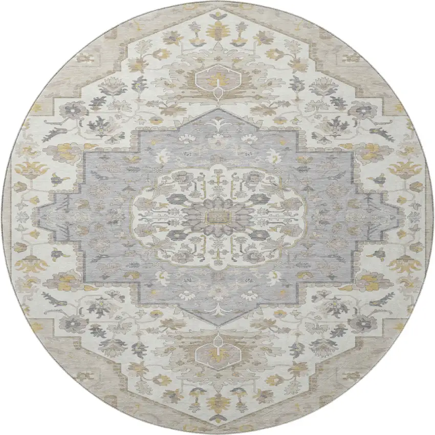 8' Beige Ivory And Gold Oriental Washable Round Rug With UV Protection Photo 3