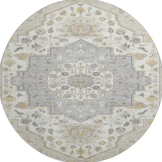 8' Beige Ivory And Gold Oriental Washable Round Rug With UV Protection Photo 2