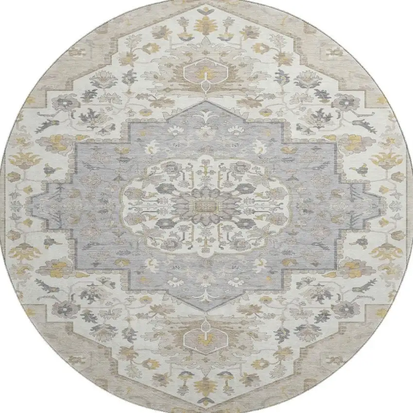 8' Beige Ivory And Gold Oriental Washable Round Rug With UV Protection Photo 2