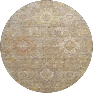 Photo of 8' Beige Ivory And Gold Oriental Washable Round Rug With UV Protection