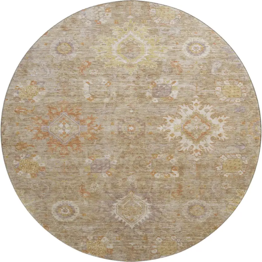 8' Beige Ivory And Gold Oriental Washable Round Rug With UV Protection Photo 1