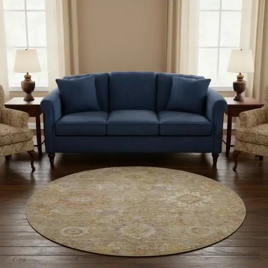 8' Beige Ivory And Gold Oriental Washable Round Rug With UV Protection Photo 2