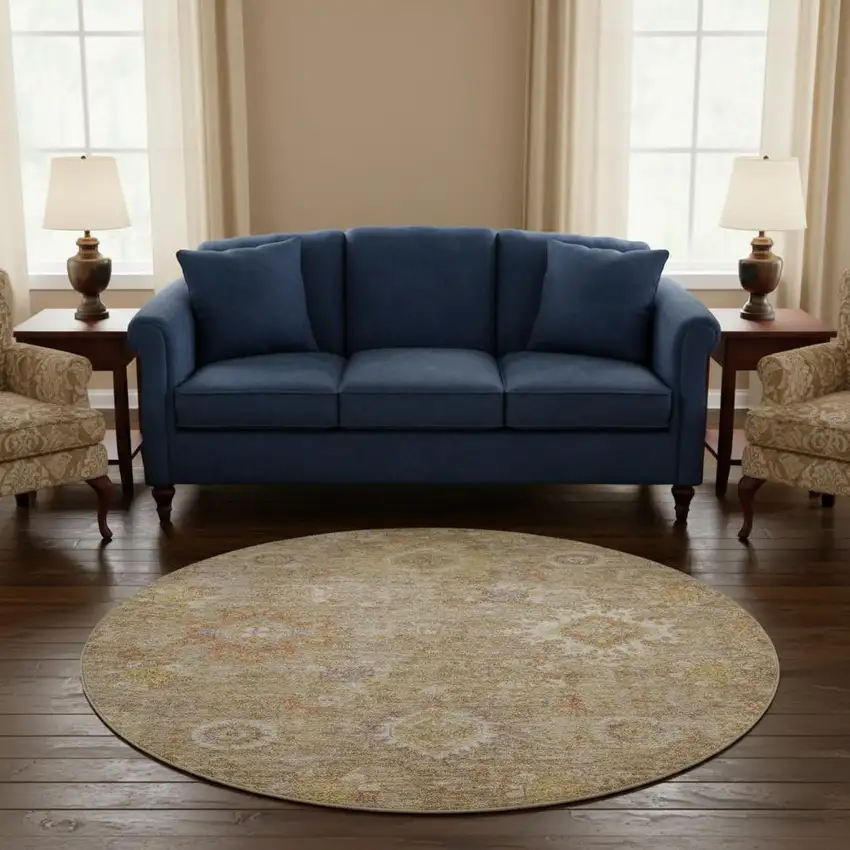 8' Beige Ivory And Gold Oriental Washable Round Rug With UV Protection Photo 2