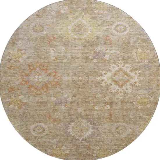 8' Beige Ivory And Gold Oriental Washable Round Rug With UV Protection Photo 4