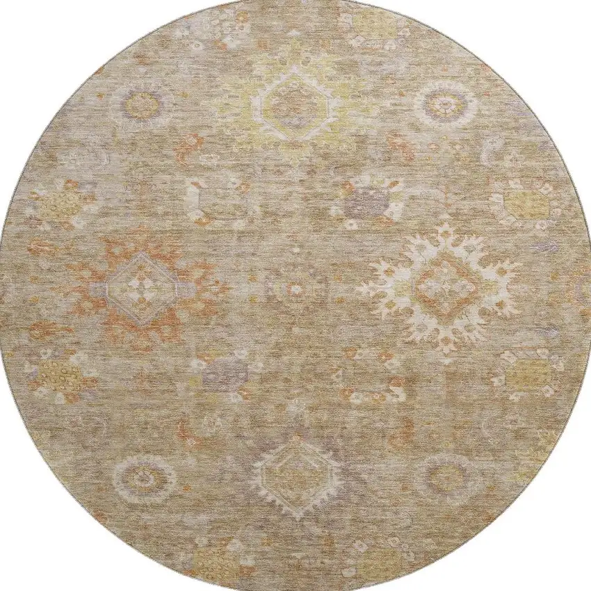 8' Beige Ivory And Gold Oriental Washable Round Rug With UV Protection Photo 4