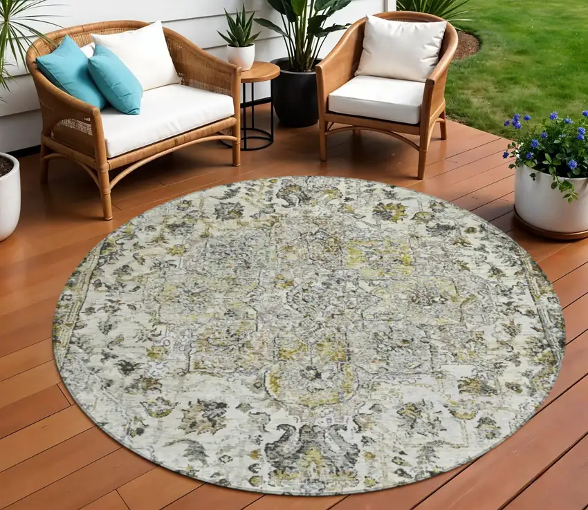 8' Beige Ivory And Gold Round Floral Medallion Washable Indoor Outdoor Area Rug Photo 2