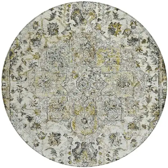 8' Beige Ivory And Gold Round Floral Medallion Washable Indoor Outdoor Area Rug Photo 3