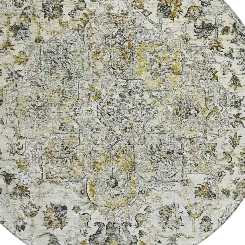 8' Beige Ivory And Gold Round Floral Medallion Washable Indoor Outdoor Area Rug Photo 5