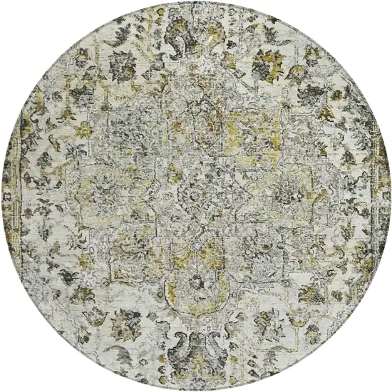 8' Beige Ivory And Gold Round Floral Medallion Washable Indoor Outdoor Area Rug Photo 1