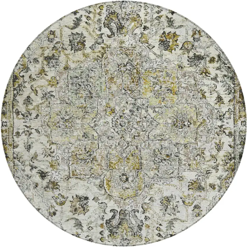8' Beige Ivory And Gold Round Floral Medallion Washable Indoor Outdoor Area Rug Photo 1