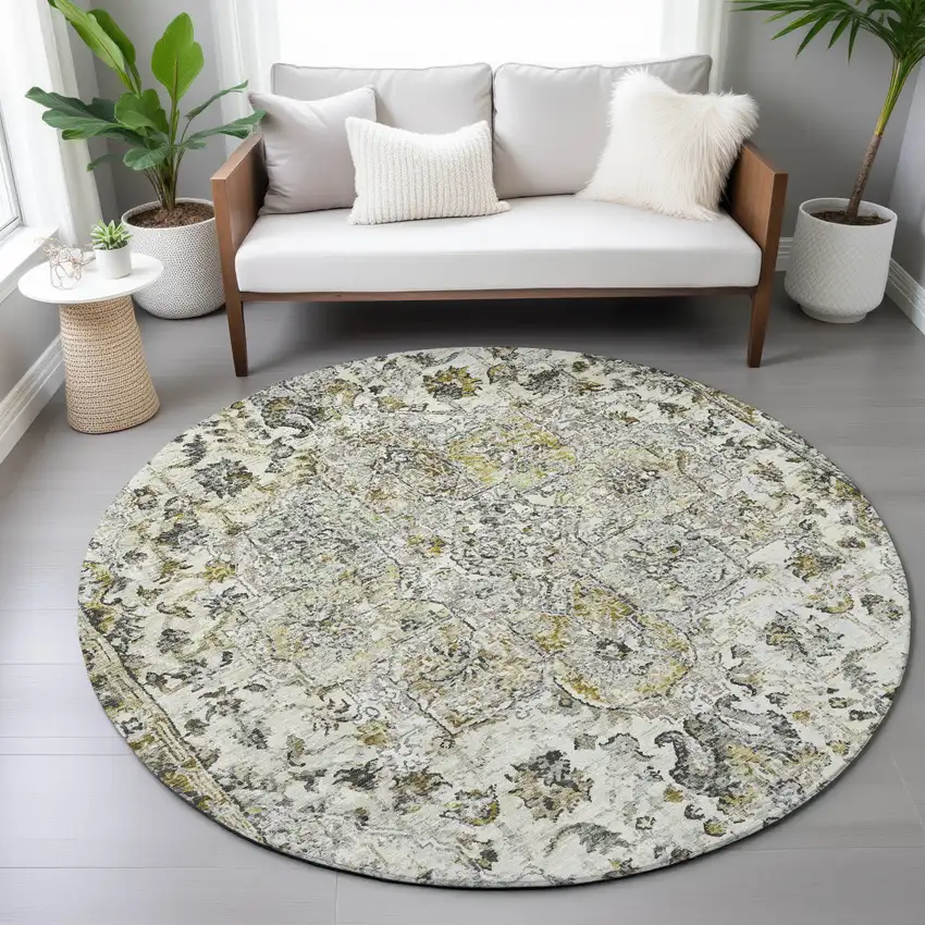 8' Beige Ivory And Gold Round Floral Medallion Washable Indoor Outdoor Area Rug Photo 7