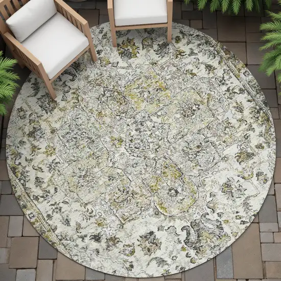 8' Beige Ivory And Gold Round Floral Medallion Washable Indoor Outdoor Area Rug Photo 6