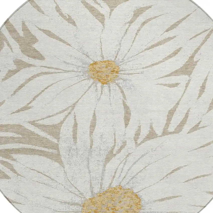 8' Beige Ivory And Gold Round Floral Washable Indoor Outdoor Area Rug Photo 6