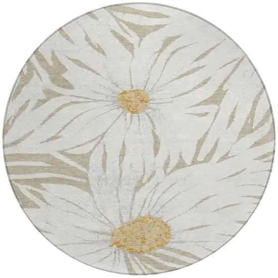 8' Beige Ivory And Gold Round Floral Washable Indoor Outdoor Area Rug Photo 4
