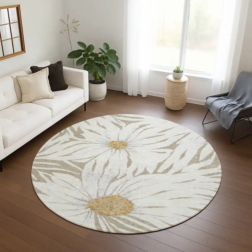 8' Beige Ivory And Gold Round Floral Washable Indoor Outdoor Area Rug Photo 8