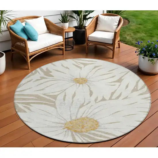 8' Beige Ivory And Gold Round Floral Washable Indoor Outdoor Area Rug Photo 1