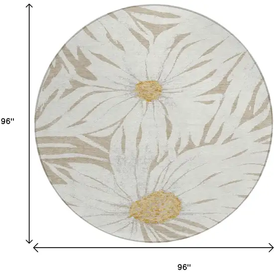 8' Beige Ivory And Gold Round Floral Washable Indoor Outdoor Area Rug Photo 3