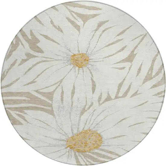 8' Beige Ivory And Gold Round Floral Washable Indoor Outdoor Area Rug Photo 2