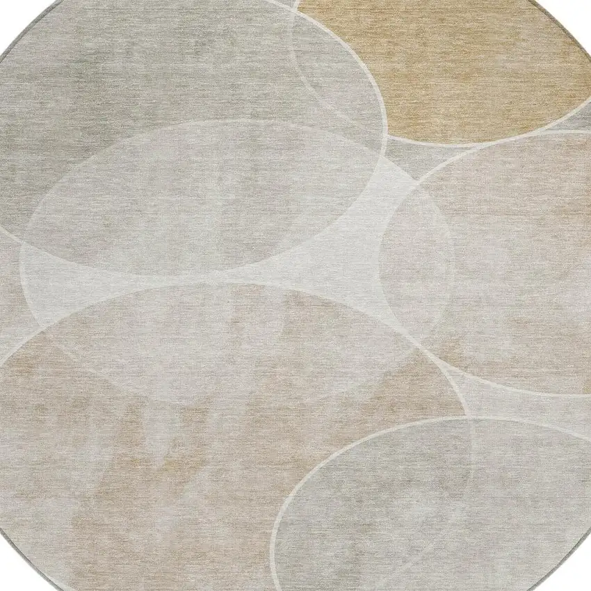 8' Beige Ivory And Gold Round Geometric Washable Indoor Outdoor Area Rug Photo 8