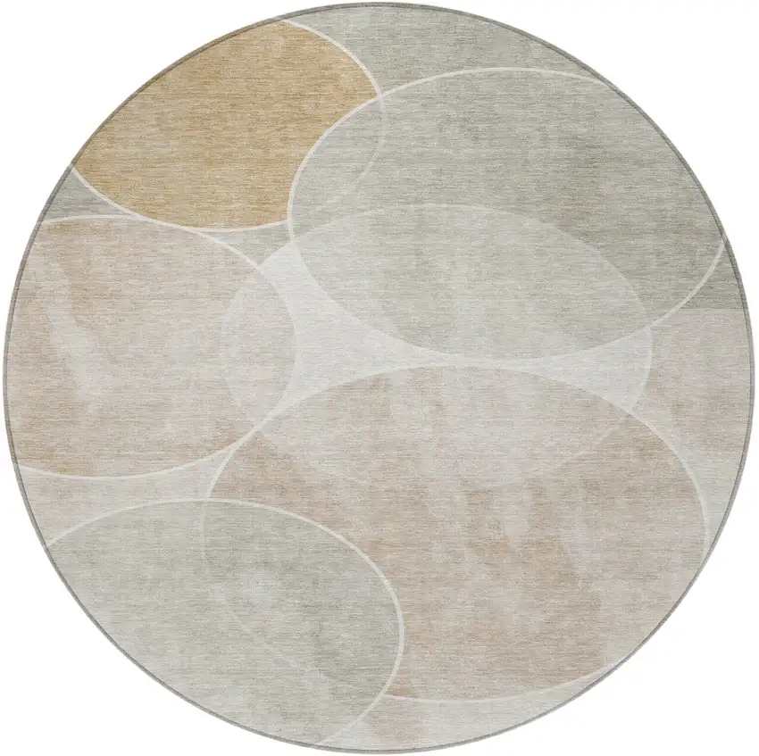 8' Beige Ivory And Gold Round Geometric Washable Indoor Outdoor Area Rug Photo 5