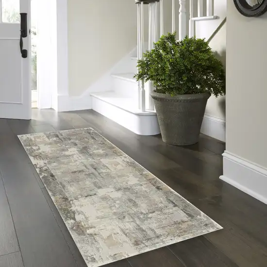 8' Beige Ivory And Gray Abstract Runner Rug Photo 9