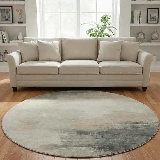 8' Beige Ivory And Gray Abstract Washable Round Rug With UV Protection Photo 2