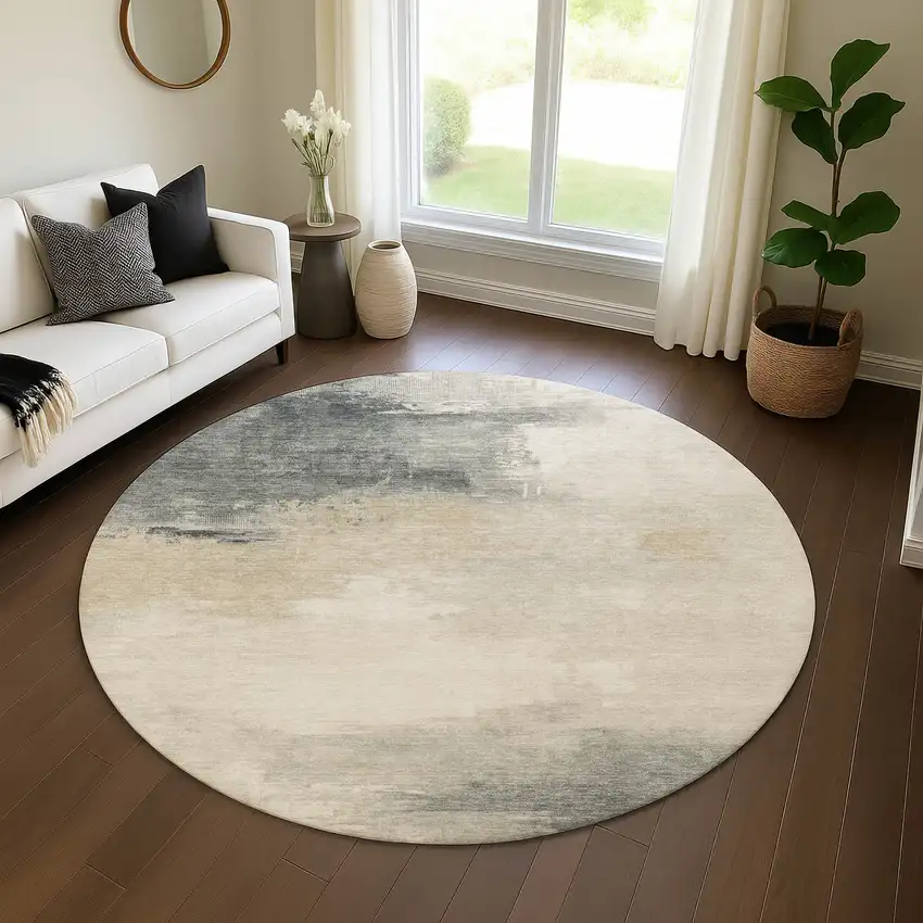 8' Beige Ivory And Gray Abstract Washable Round Rug With UV Protection Photo 4