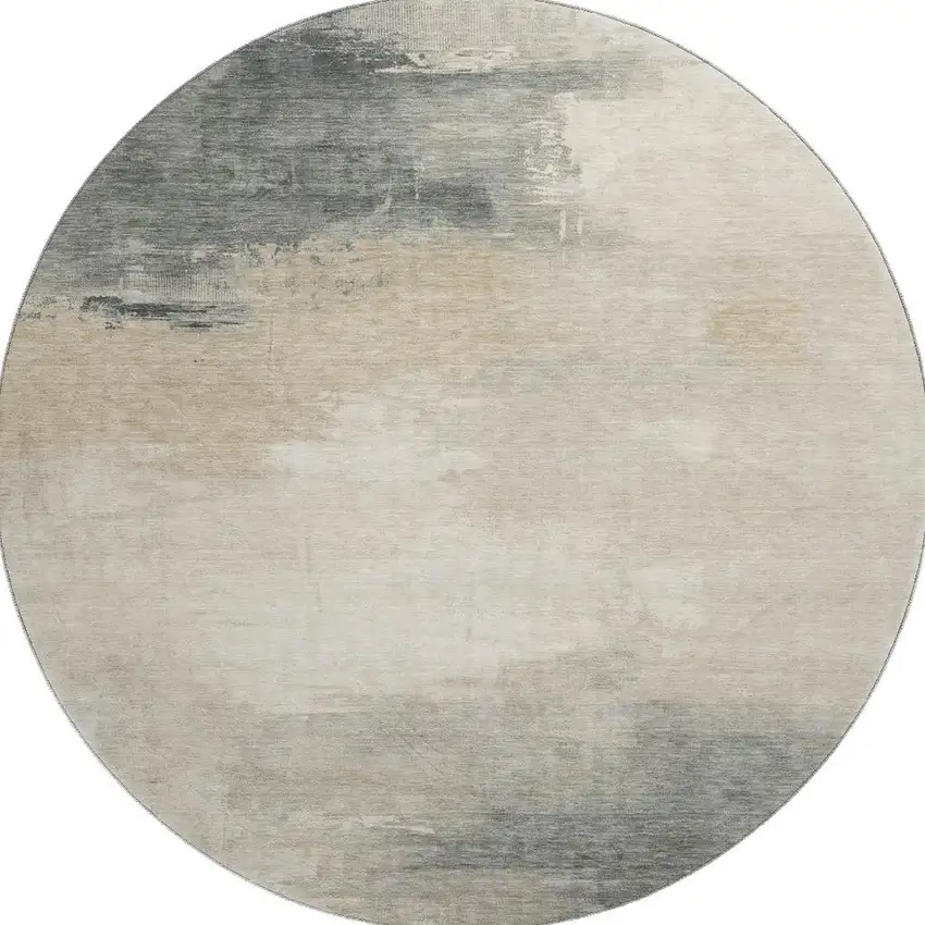 8' Beige Ivory And Gray Abstract Washable Round Rug With UV Protection Photo 3