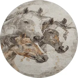 Photo of 8' Beige Ivory And Gray Animal Print Washable Round Rug With UV Protection