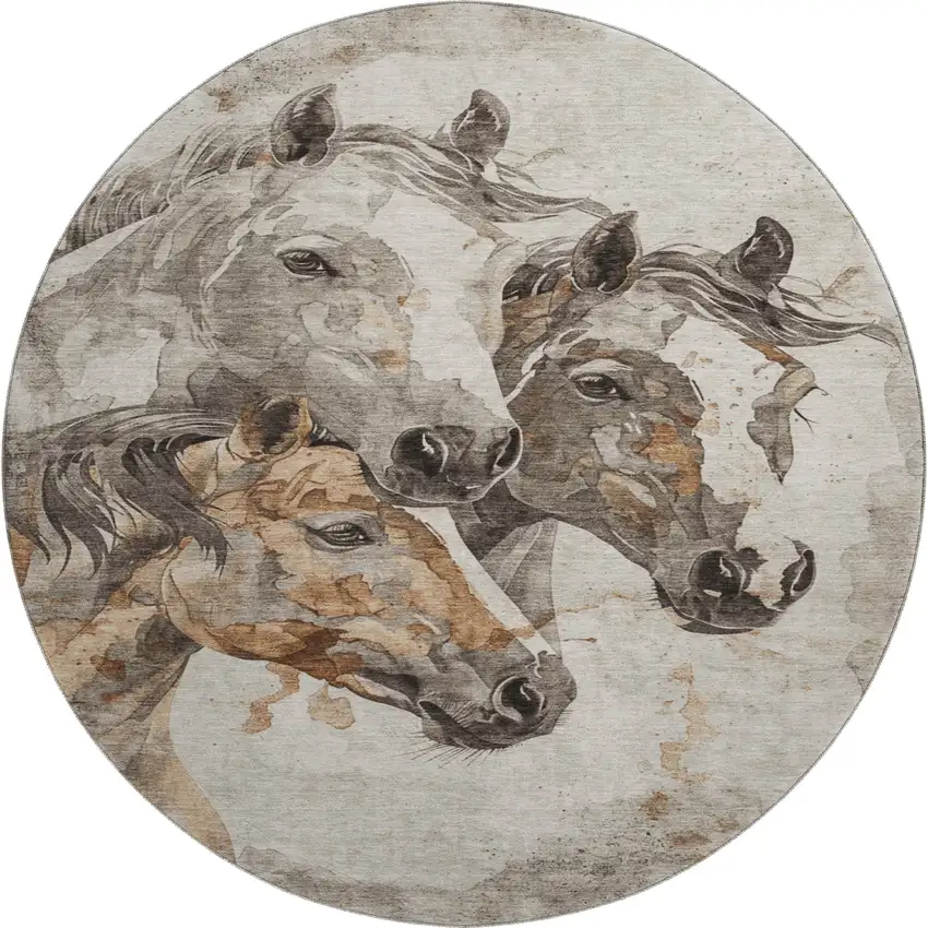 8' Beige Ivory And Gray Animal Print Washable Round Rug With UV Protection Photo 1