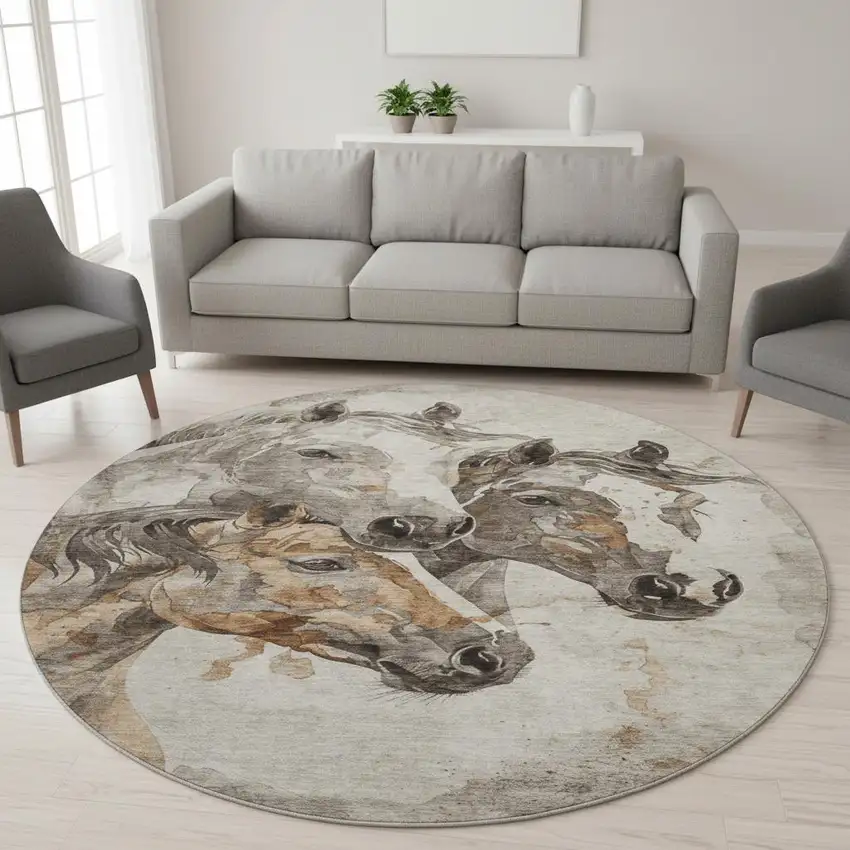 8' Beige Ivory And Gray Animal Print Washable Round Rug With UV Protection Photo 2