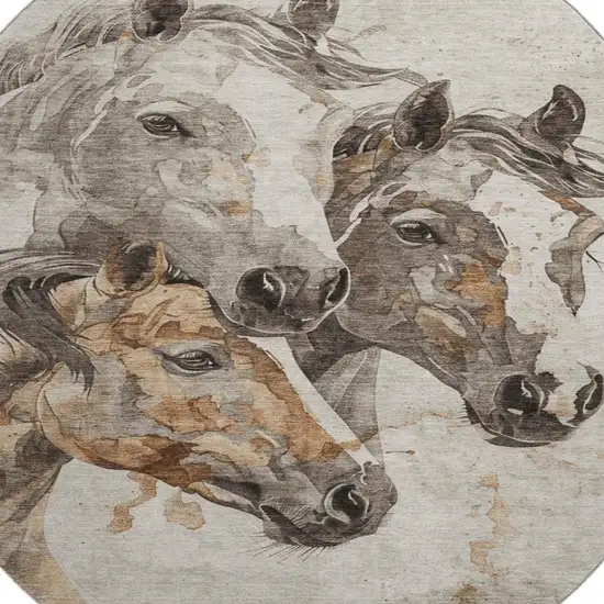 8' Beige Ivory And Gray Animal Print Washable Round Rug With UV Protection Photo 2