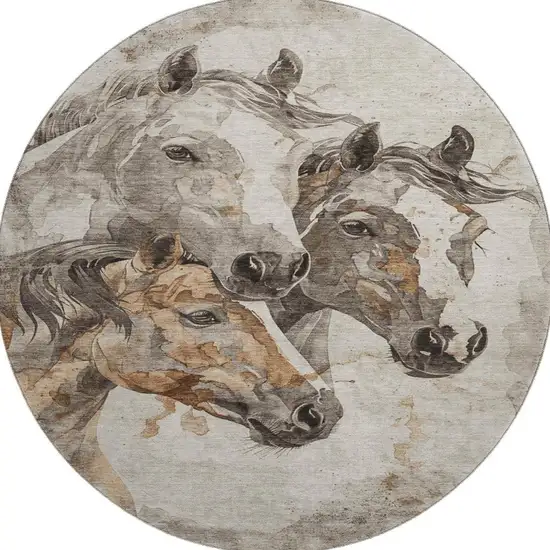 8' Beige Ivory And Gray Animal Print Washable Round Rug With UV Protection Photo 3