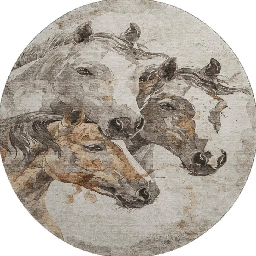 8' Beige Ivory And Gray Animal Print Washable Round Rug With UV Protection Photo 3