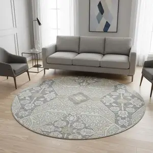 Photo of 8' Beige Ivory And Gray Floral Washable Round Rug With UV Protection