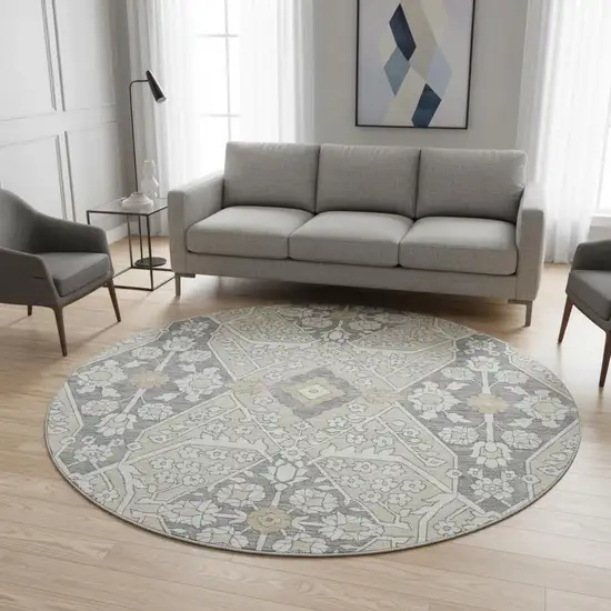 8' Beige Ivory And Gray Floral Washable Round Rug With UV Protection Photo 1