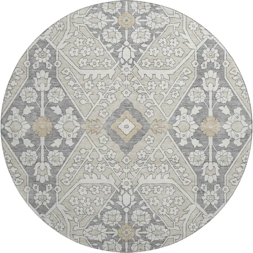 8' Beige Ivory And Gray Floral Washable Round Rug With UV Protection Photo 2