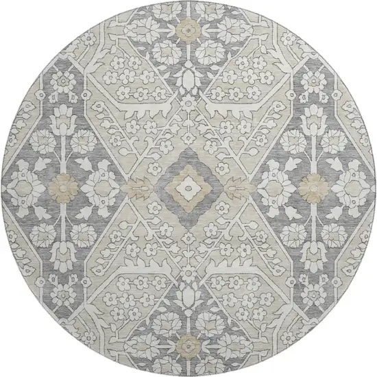 8' Beige Ivory And Gray Floral Washable Round Rug With UV Protection Photo 2