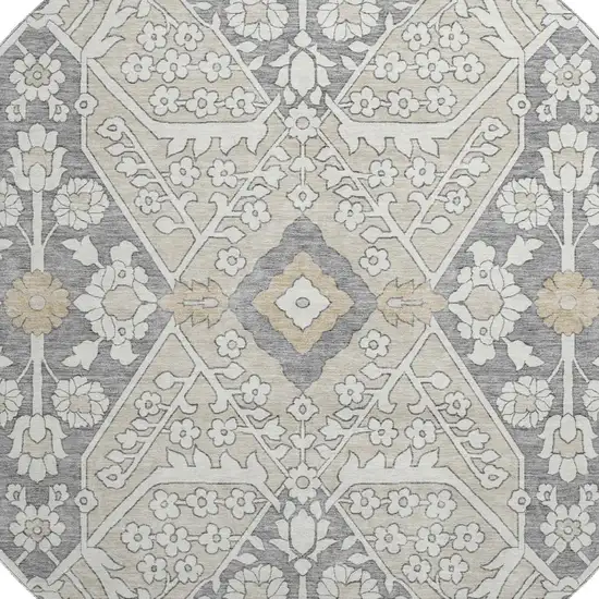 8' Beige Ivory And Gray Floral Washable Round Rug With UV Protection Photo 4