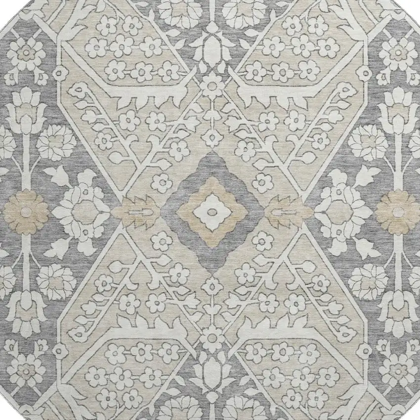 8' Beige Ivory And Gray Floral Washable Round Rug With UV Protection Photo 4