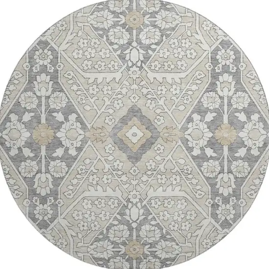 8' Beige Ivory And Gray Floral Washable Round Rug With UV Protection Photo 5