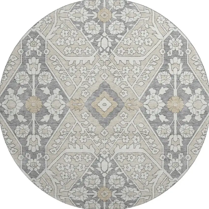 8' Beige Ivory And Gray Floral Washable Round Rug With UV Protection Photo 5