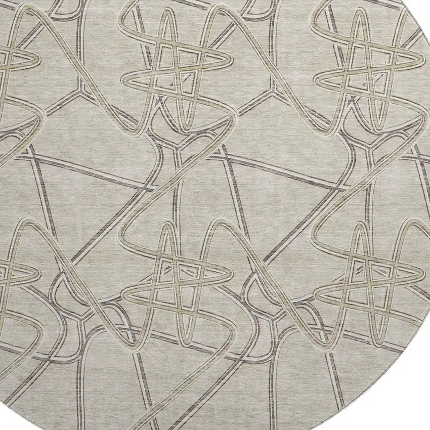 8' Beige Ivory And Gray Geometric Washable Round Rug With UV Protection Photo 2