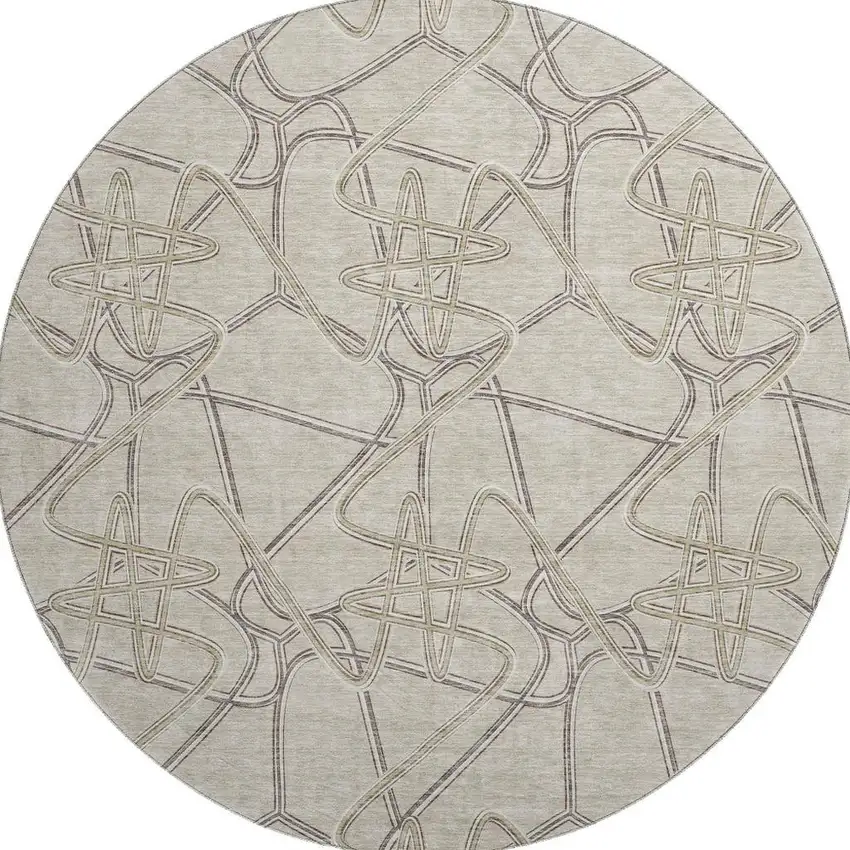 8' Beige Ivory And Gray Geometric Washable Round Rug With UV Protection Photo 3