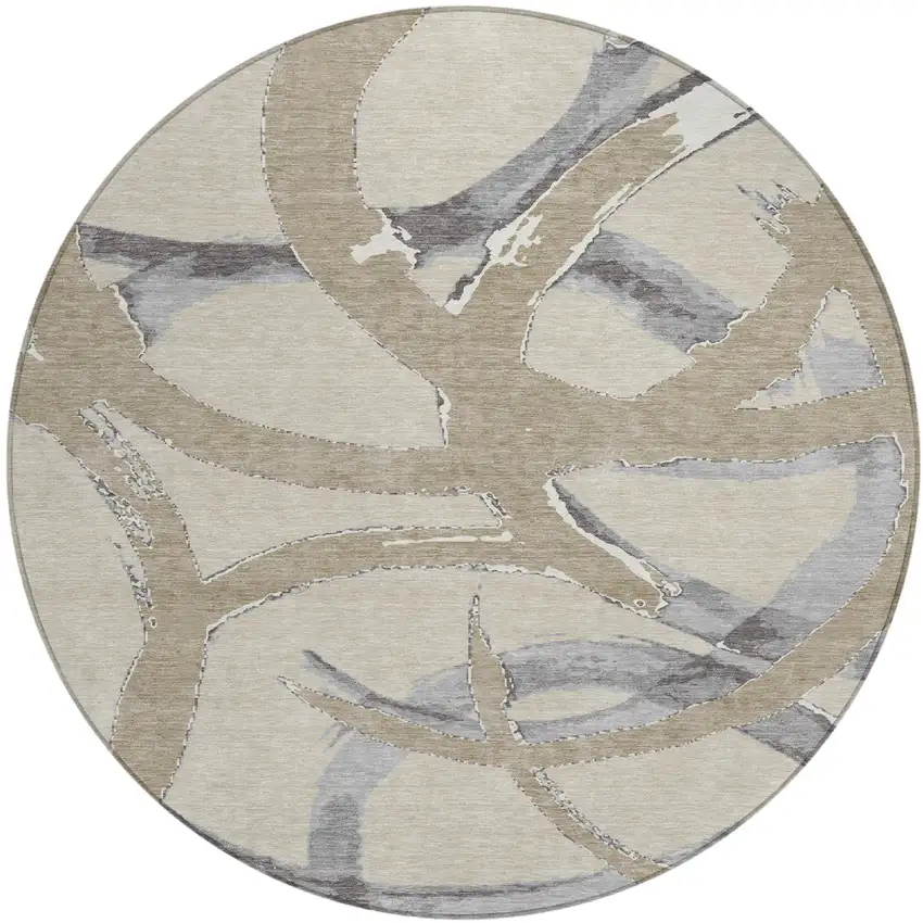 8' Beige Ivory And Gray Round Abstract Washable Indoor Outdoor Area Rug Photo 2
