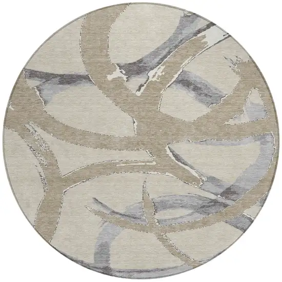 8' Beige Ivory And Gray Round Abstract Washable Indoor Outdoor Area Rug Photo 4